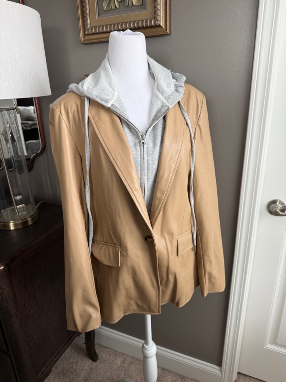 Evereve Women's Tan Leather Blazer with Gray Hoodie Layer